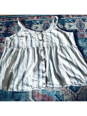 Empire Linen Blend Womens Tank Top 3X Stripe Boho Relaxed Button Coastal Comfort